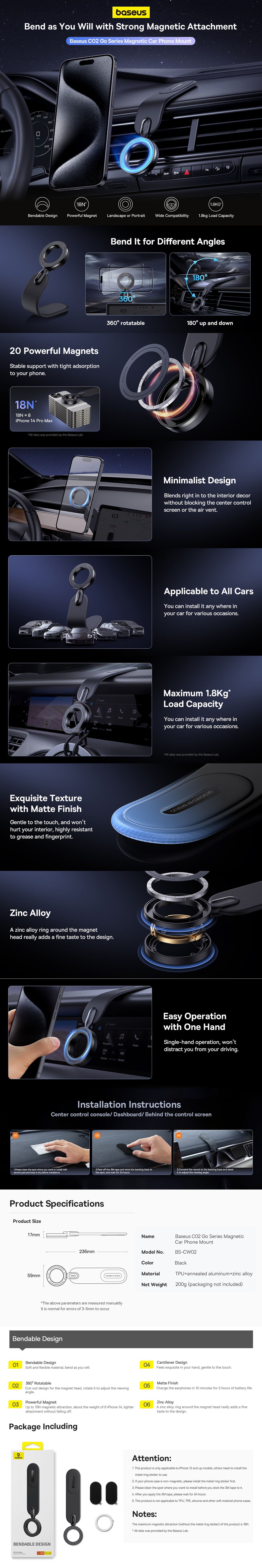 Baseus C02 Go Magnetic Car Phone Holder 360° Rotatable, Bendable Car Mount